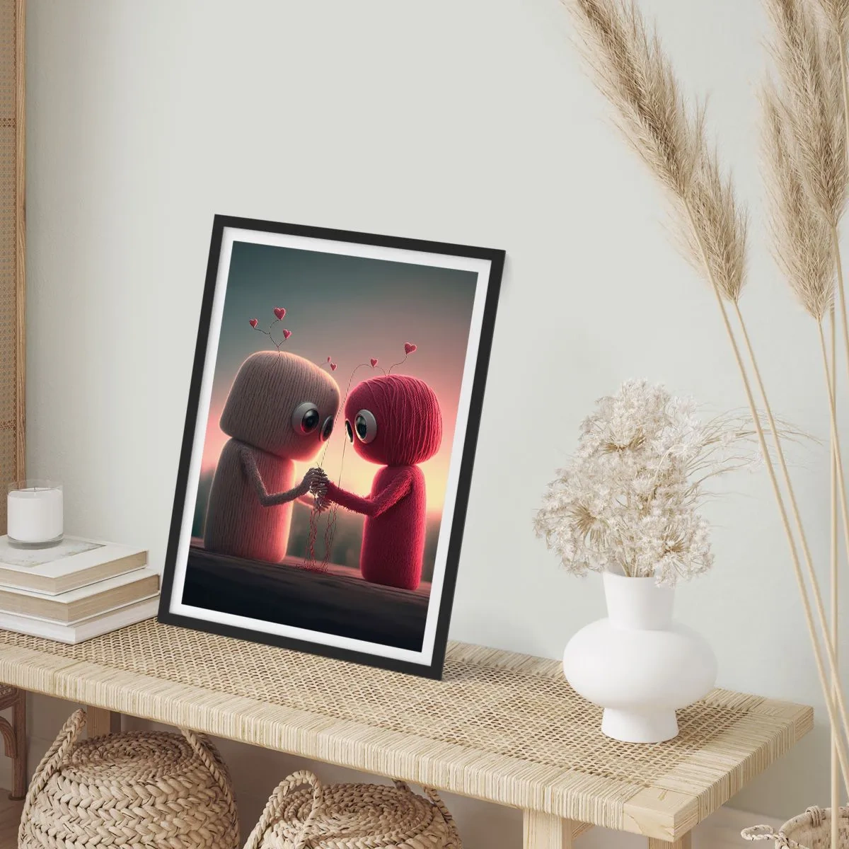 Affiche dans un cadre noir - Poster - Adorables personnages en laine se tenant la main - 50x70cm - Tout le monde a le droit d'aimer - Décoration murale moderne pour le salon et la chambre ARTTOR
