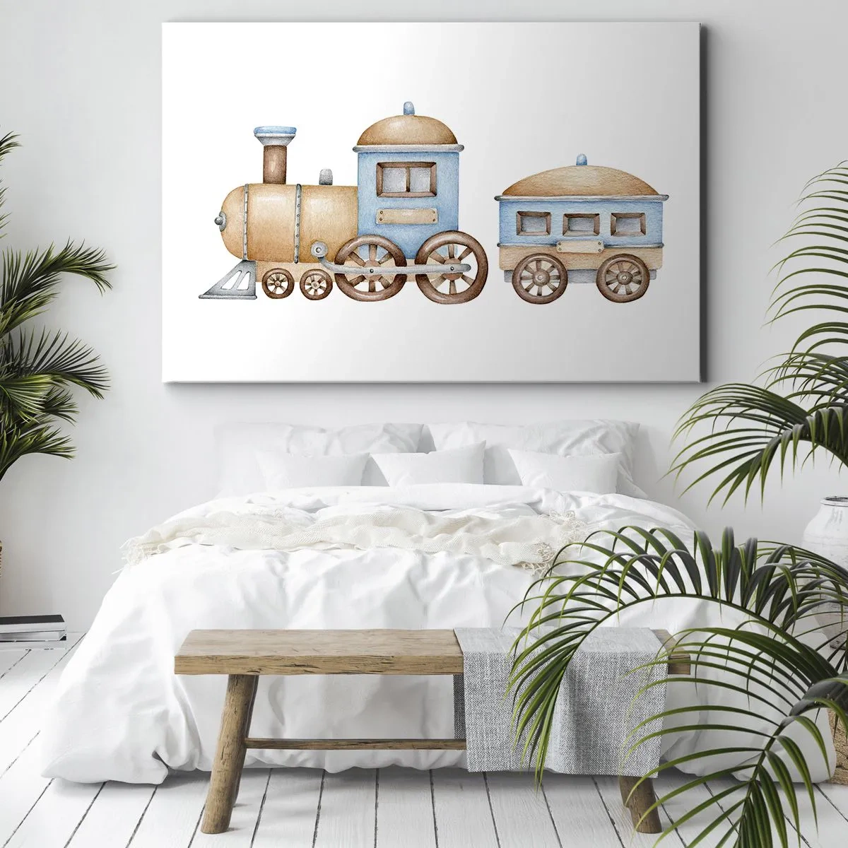 Impression sur toile - Image sur toile - Dessin d'un train aux tons pastel sur fond blanc - 70x50cm - Il est à la gare... - Décoration murale moderne pour le salon et la chambre ARTTOR