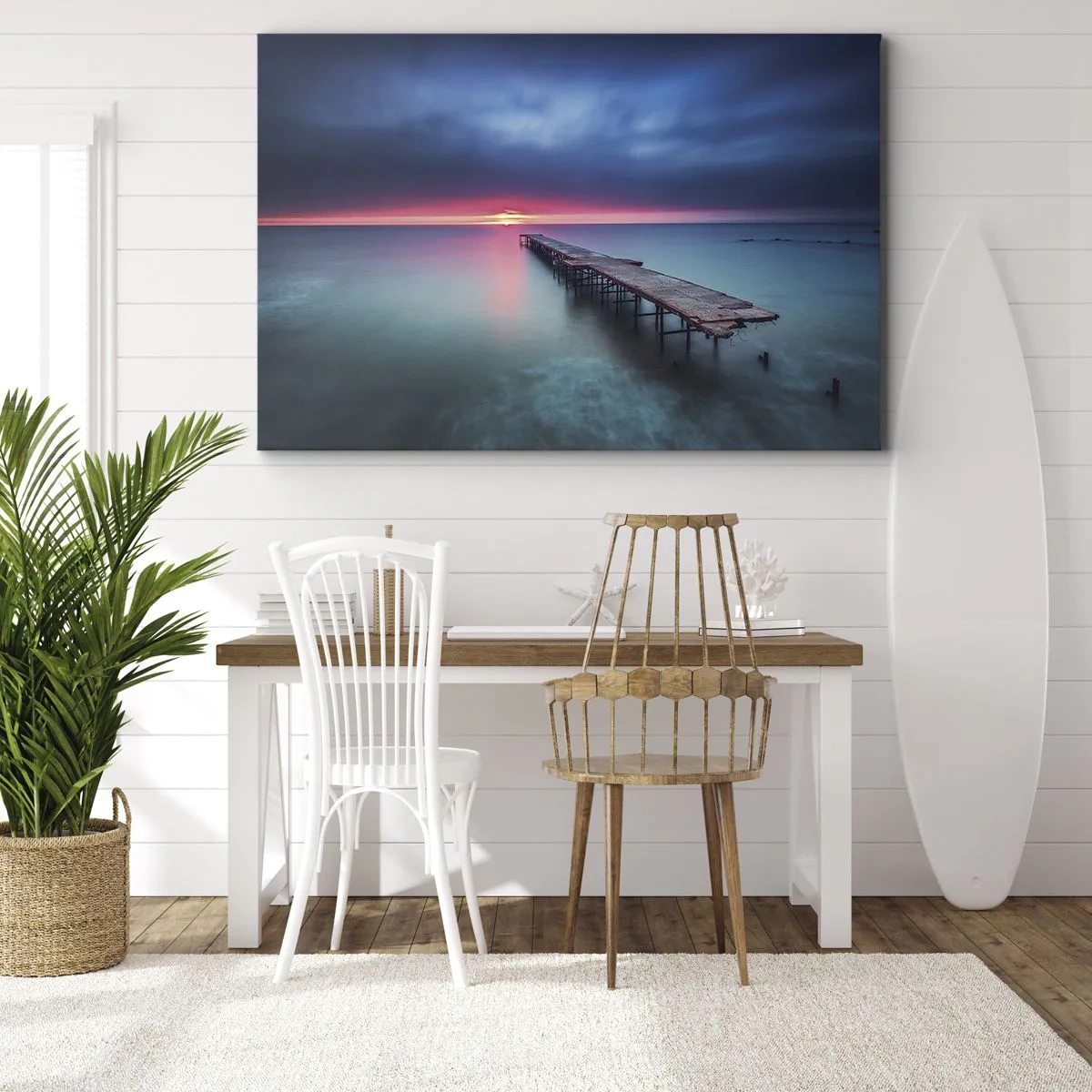 Impression sur toile - Image sur toile - Une jetée en bois menant directement à la mer au coucher du soleil - 70x50cm - Entre le ciel et la terre - Décoration murale moderne pour le salon et la chambre ARTTOR