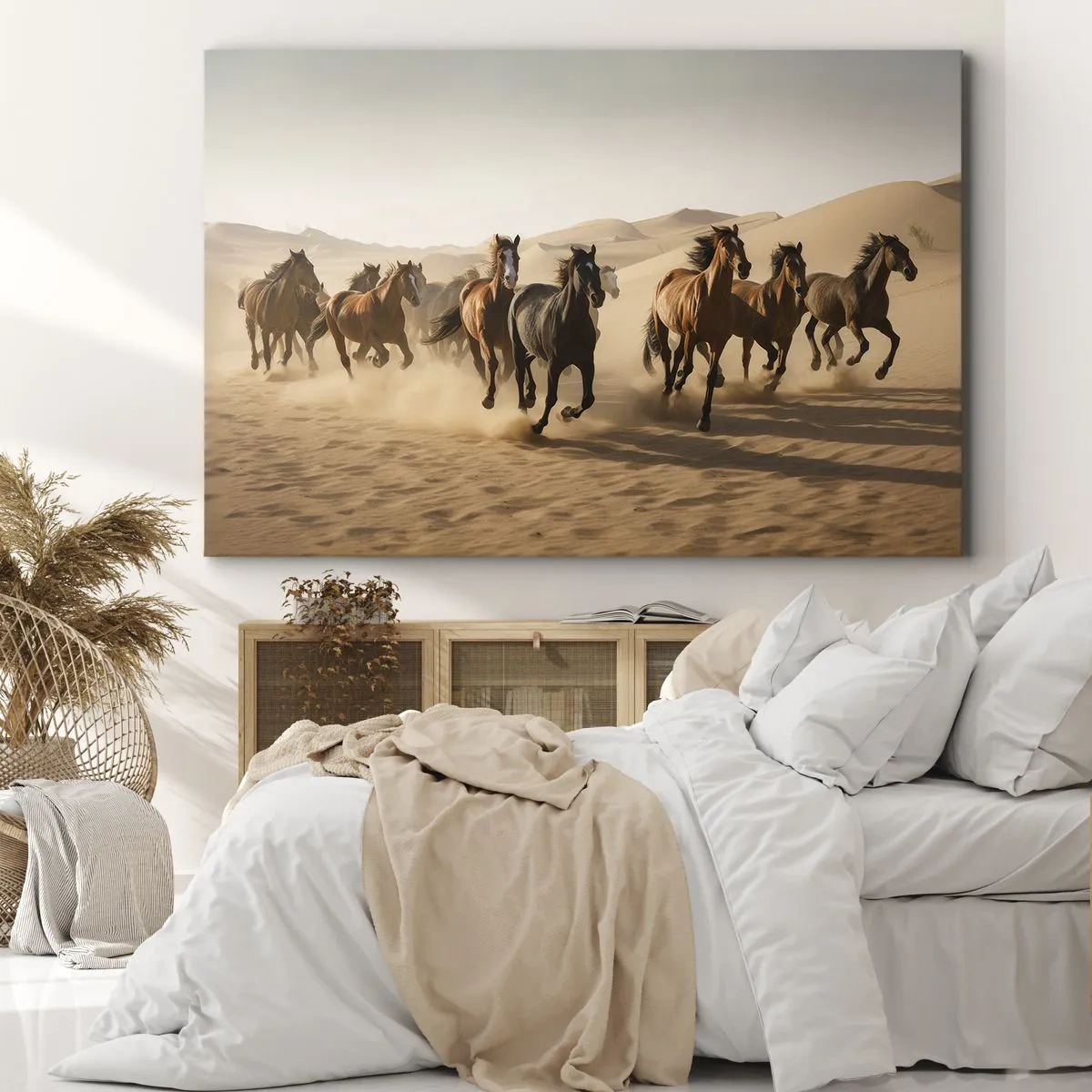 Impression sur toile - Image sur toile - Chevaux au galop sur fond de désert - 70x50cm - Libre comme le vent - Décoration murale moderne pour le salon et la chambre ARTTOR