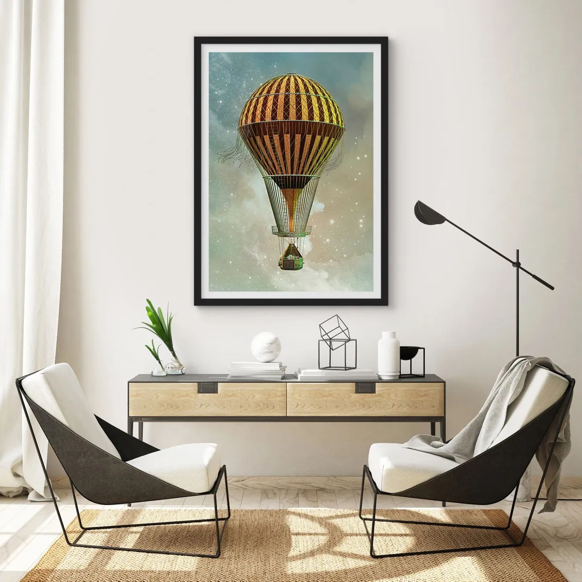 Affiche dans un cadre noir - Poster - Un ballon doré flottant dans l'espace - 50x70cm - Vols pionniers - Décoration murale moderne pour le salon et la chambre ARTTOR