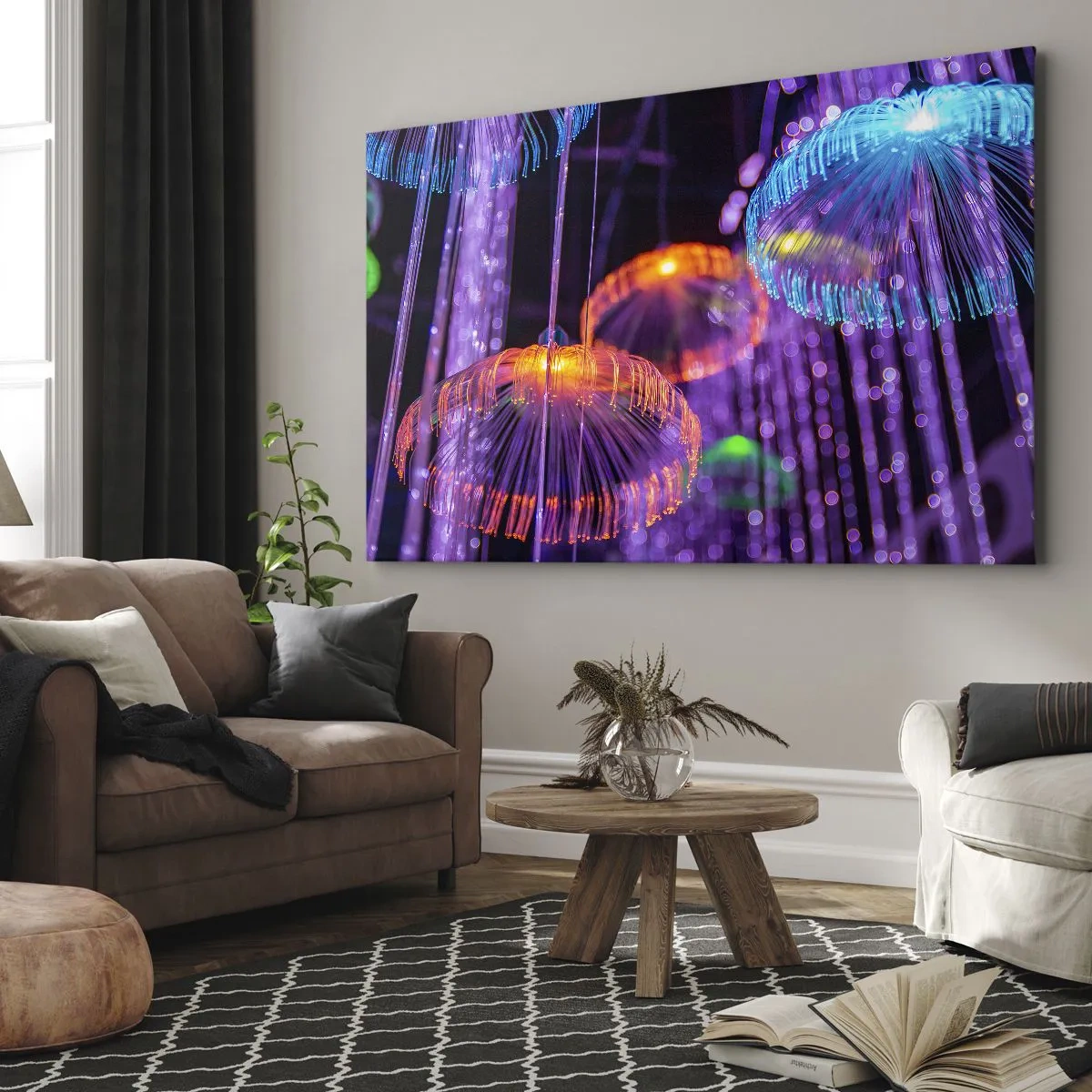 Impression sur toile - Image sur toile - Méduses lumineuses colorées dans un environnement sombre - 70x50cm - Fontaine lumineuse - Décoration murale moderne pour le salon et la chambre ARTTOR