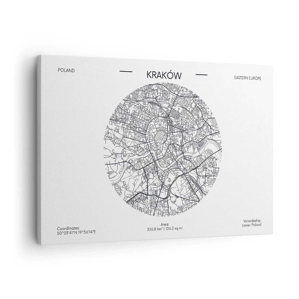 Impression sur toile - Image sur toile - Une carte de Cracovie dans un style minimaliste - 70x50cm - Anatomie de Cracovie - Décoration murale moderne pour le salon et la chambre ARTTOR