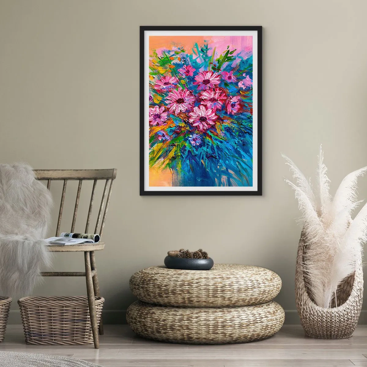Affiche dans un cadre noir - Poster - Un bouquet de fleurs aux couleurs intenses sur un fond abstrait - 50x70cm - Énergie de la vie - Décoration murale moderne pour le salon et la chambre ARTTOR