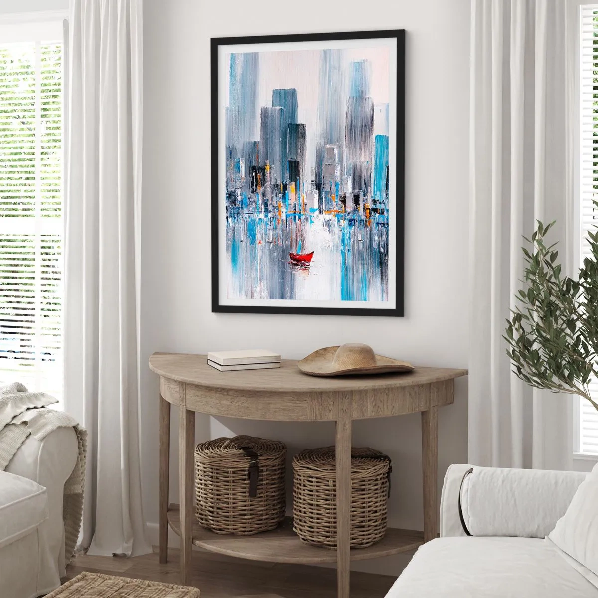 Affiche dans un cadre noir - Poster - Une peinture abstraite représentant un horizon de ville sur l'eau avec un bateau rouge. - 50x70cm - Une métropole au bord de la baie - Décoration murale moderne pour le salon et la chambre ARTTOR
