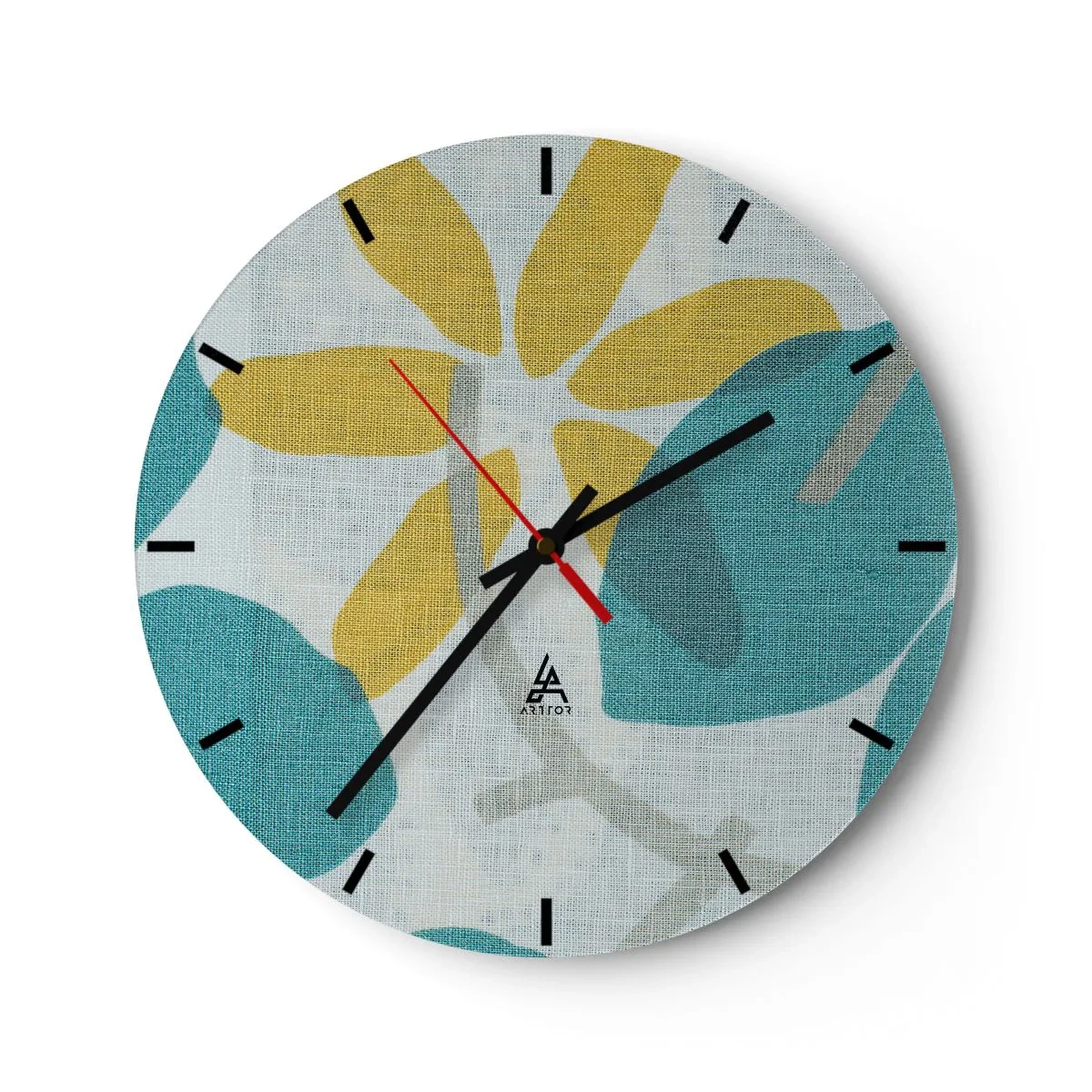 Horloge murale - Pendule murale - Feuilles jaunes et turquoise sur un fond clair texturé en lin - 30x30cm - Wśród lazurowych liści - Décoration murale moderne pour le salon, la cuisine et la chambre ARTTOR