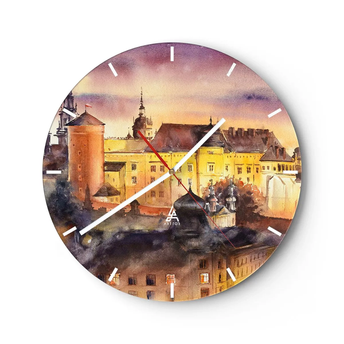 Horloge murale - Pendule murale - Un château au crépuscule aux couleurs chaudes de l'aquarelle - 30x30cm - Histoire et conte de fées - Décoration murale moderne pour le salon, la cuisine et la chambre ARTTOR