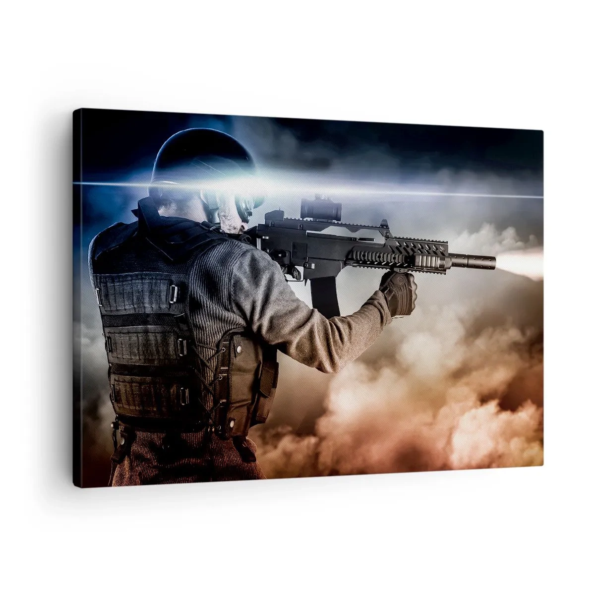 Impression sur toile - Image sur toile - Un soldat en action avec un fusil sur fond de nuages et de lumière. - 70x50cm - Tout simplement un héros - Décoration murale moderne pour le salon et la chambre ARTTOR