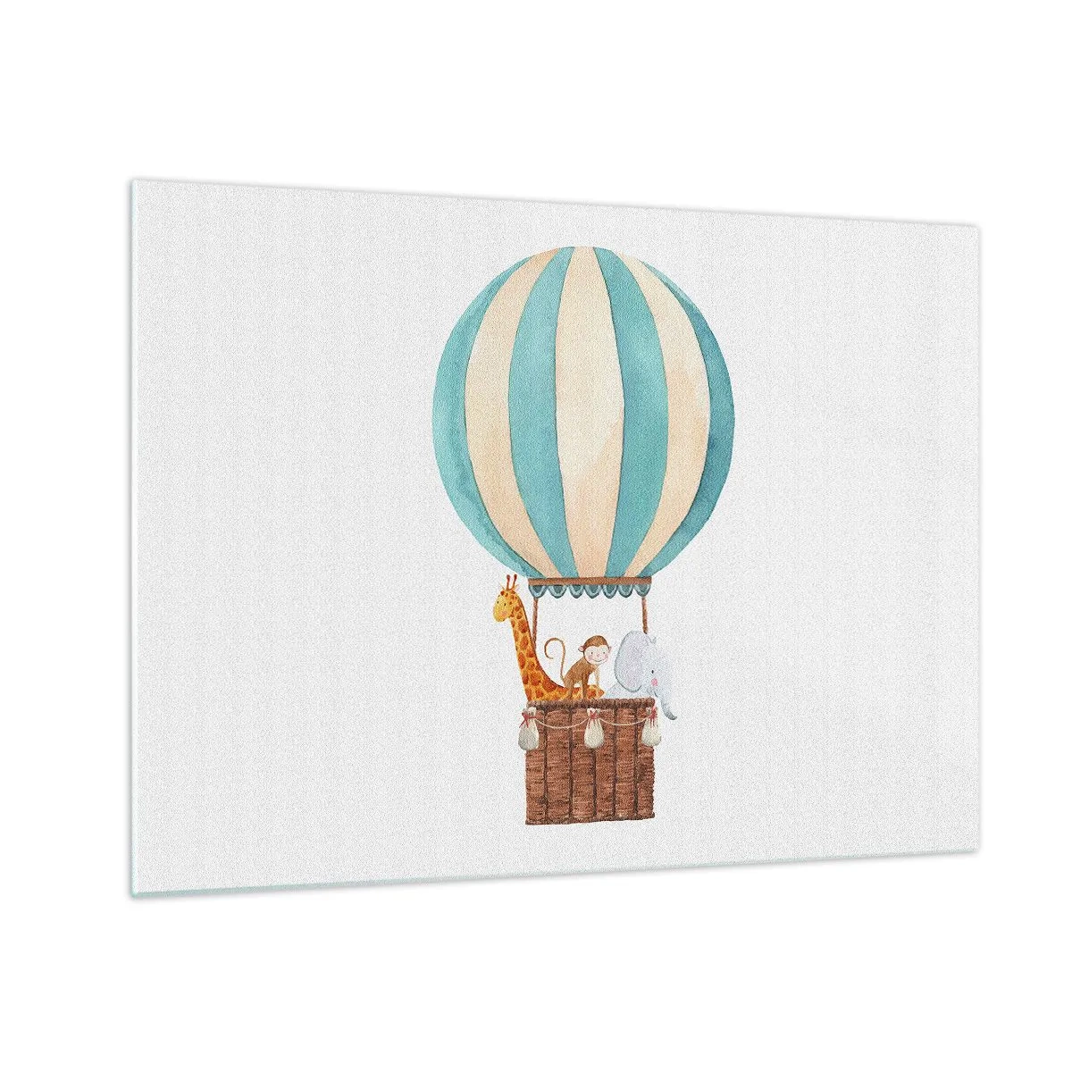 Impression sur verre - Image sur verre - Un ballon avec une girafe, un singe et un éléphant sur fond blanc - 70x50cm - Voyage fantastique - Décoration murale moderne pour le salon et la chambre ARTTOR
