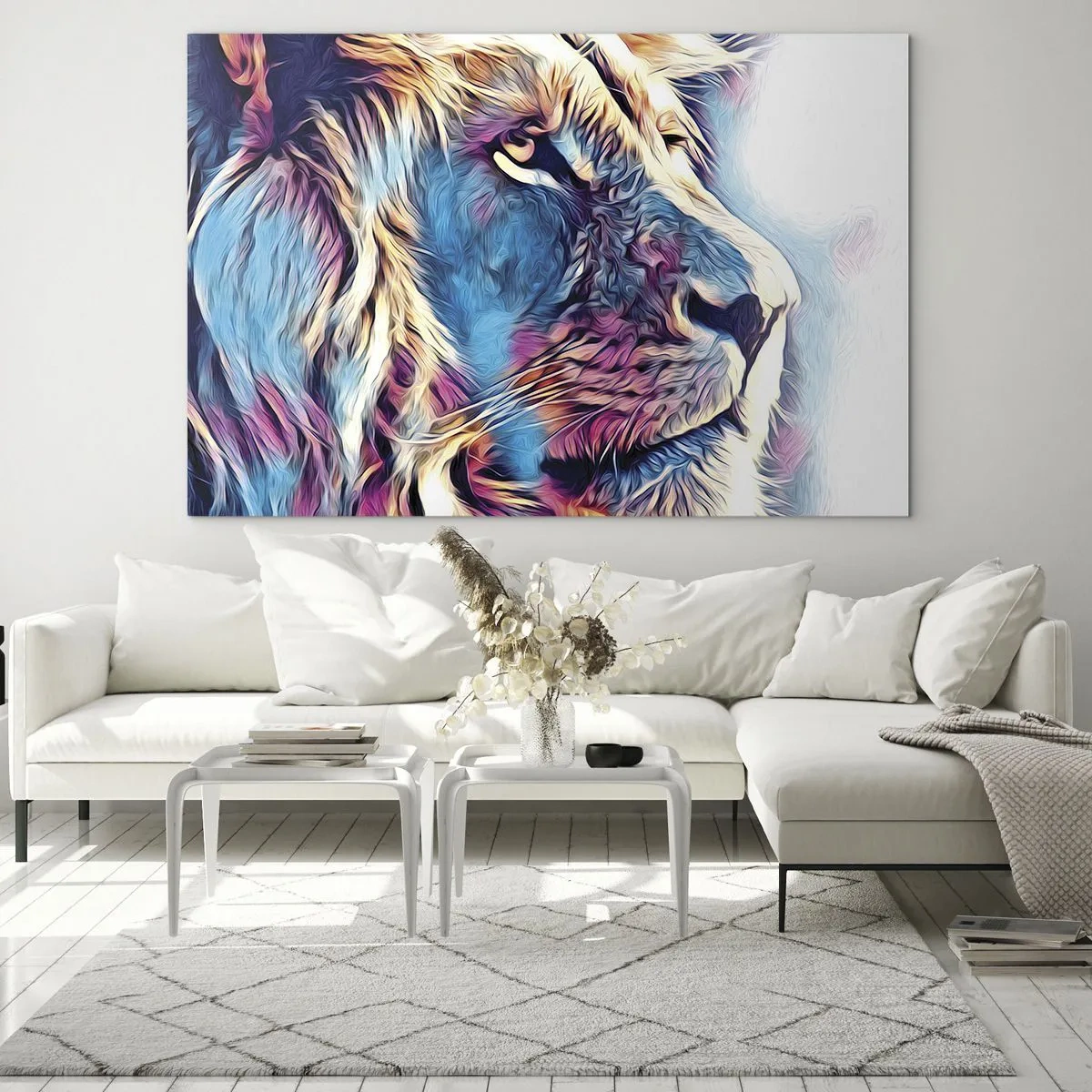 Impression sur verre - Image sur verre - Graphiques de lion colorés dans un style moderne et artistique - 70x50cm - L'intelligence de la nature - Décoration murale moderne pour le salon et la chambre ARTTOR