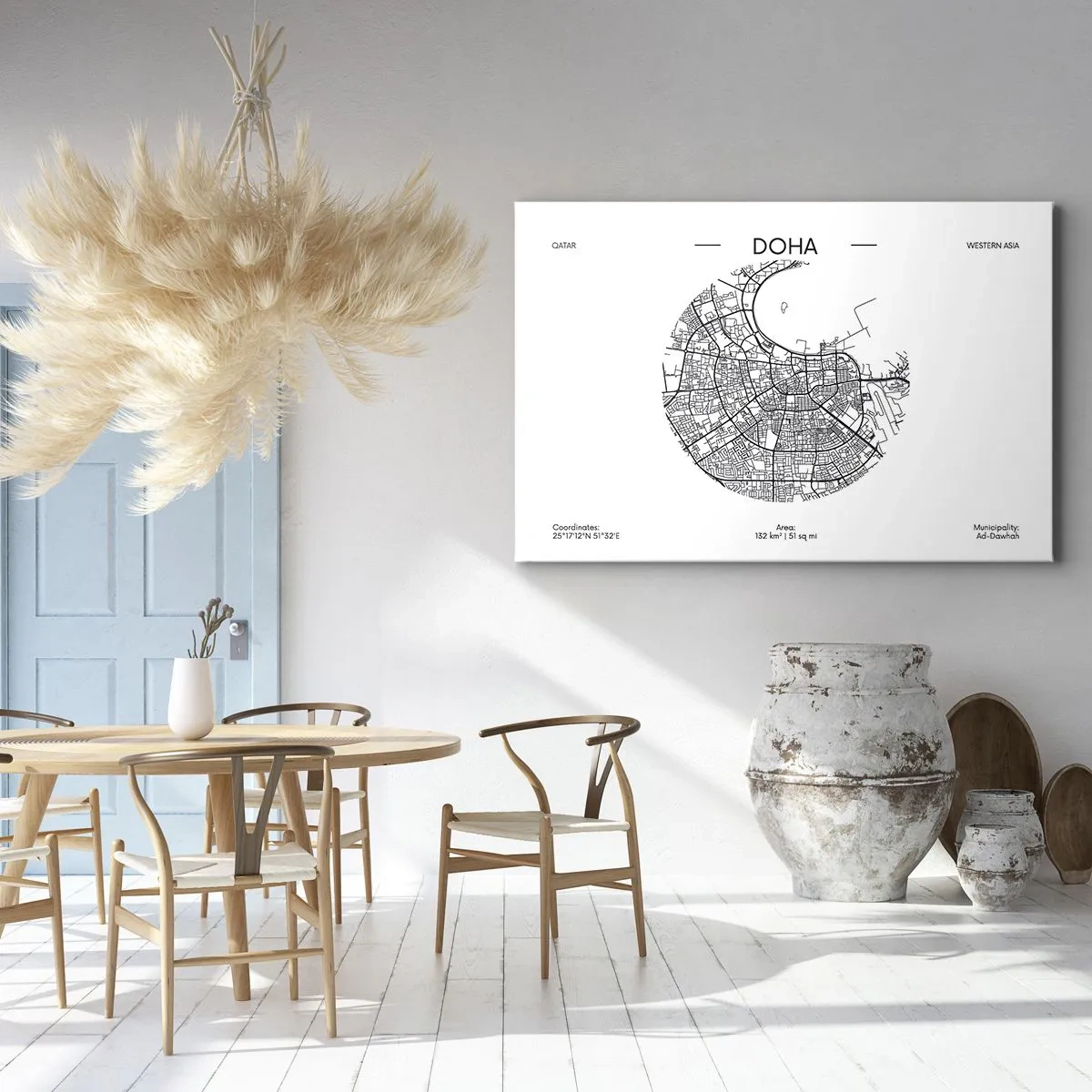 Impression sur toile - Image sur toile - Une carte minimaliste de Doha en noir et blanc avec des détails précis. - 70x50cm - Anatomie de Doha - Décoration murale moderne pour le salon et la chambre ARTTOR