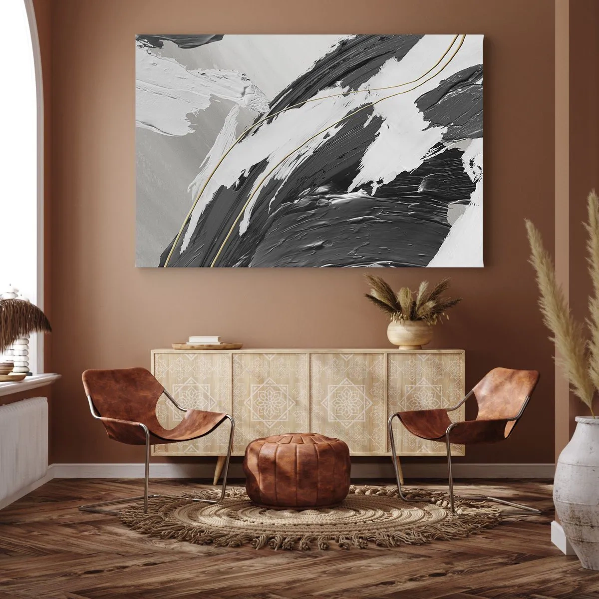 Impression sur toile - Image sur toile - Coups de pinceau noirs et blancs avec une subtile touche dorée - 70x50cm - L'abstraction à grande échelle - Décoration murale moderne pour le salon et la chambre ARTTOR