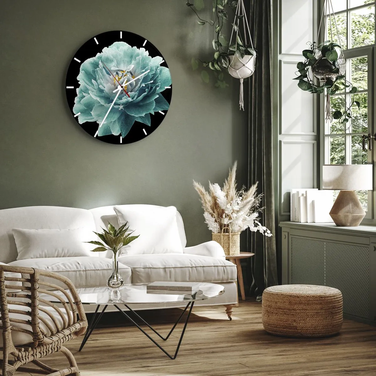 Horloge murale - Pendule murale - Fleur de pivoine turquoise sur fond noir - 30x30cm - Pétales bleus et dorés - Décoration murale moderne pour le salon, la cuisine et la chambre ARTTOR