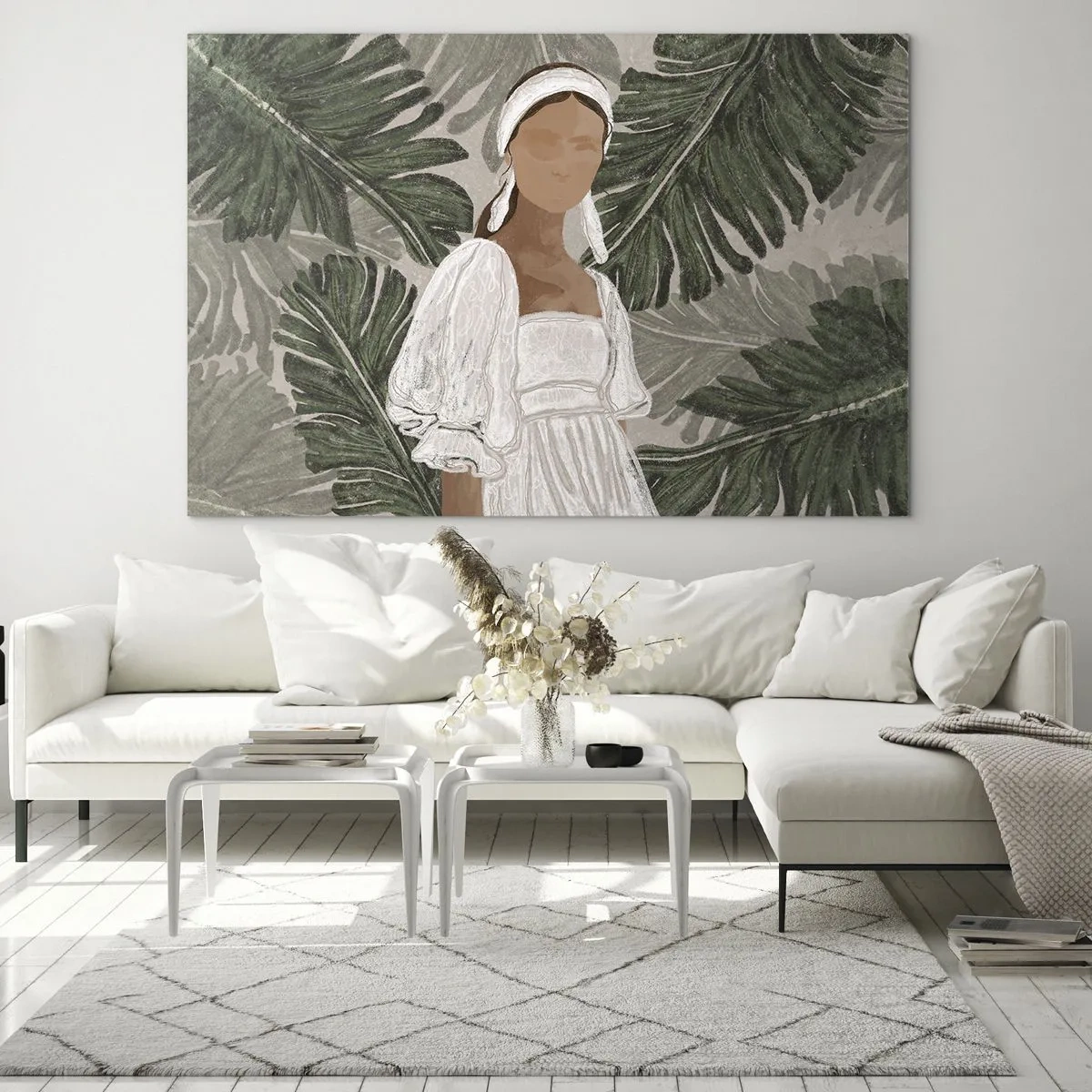 Impression sur verre - Image sur verre - Une femme en robe blanche sur fond de feuilles tropicales vertes. - 70x50cm - Portrait exotique - Décoration murale moderne pour le salon et la chambre ARTTOR