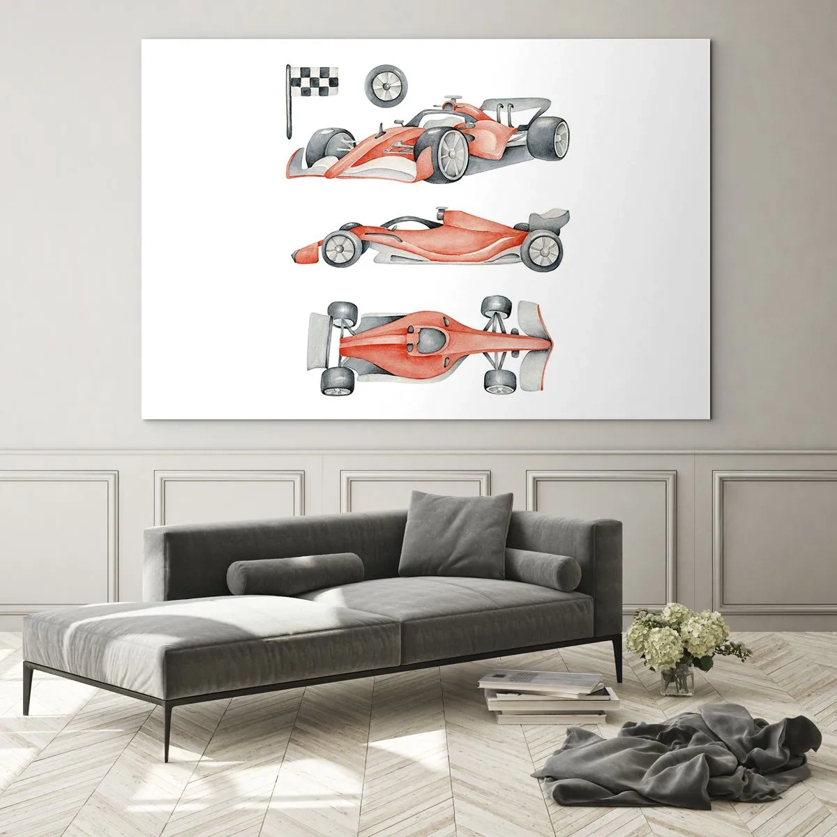 Impression sur verre - Image sur verre - Illustration en trois plans d'une voiture de course rouge avec un drapeau de course - 70x50cm - poursuis ton rêve - Décoration murale moderne pour le salon et la chambre ARTTOR