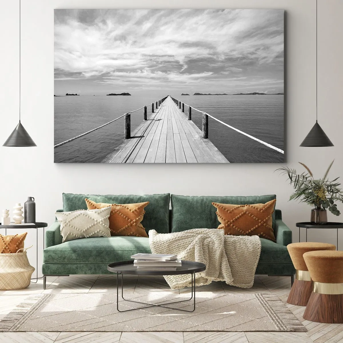 Impression sur toile - Image sur toile - Une jetée en bois menant au loin sur une mer calme - 70x50cm - Et peut-être un voyage... - Décoration murale moderne pour le salon et la chambre ARTTOR