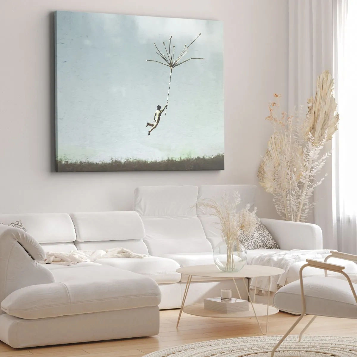 Impression sur toile - Image sur toile - Une silhouette soulevée par une grosse graine de pissenlit - 70x50cm - Cerfs-volants, pissenlits, vent - Décoration murale moderne pour le salon et la chambre ARTTOR