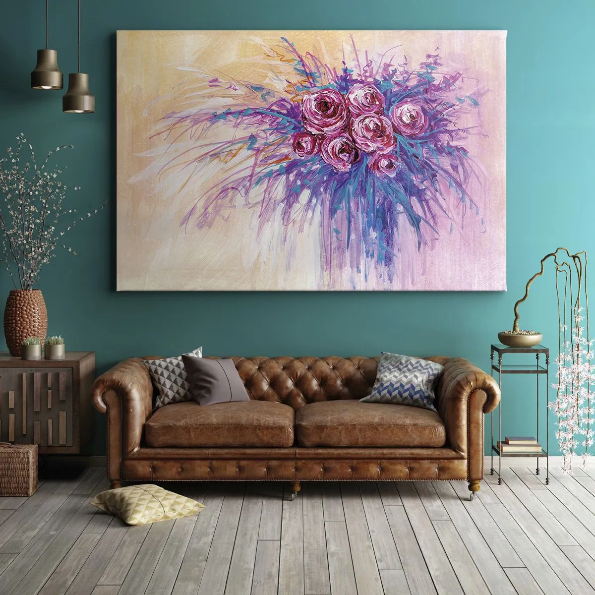 Impression sur toile - Image sur toile - Un bouquet de roses aux couleurs pastel - 70x50cm - Fontaine aux roses - Décoration murale moderne pour le salon et la chambre ARTTOR