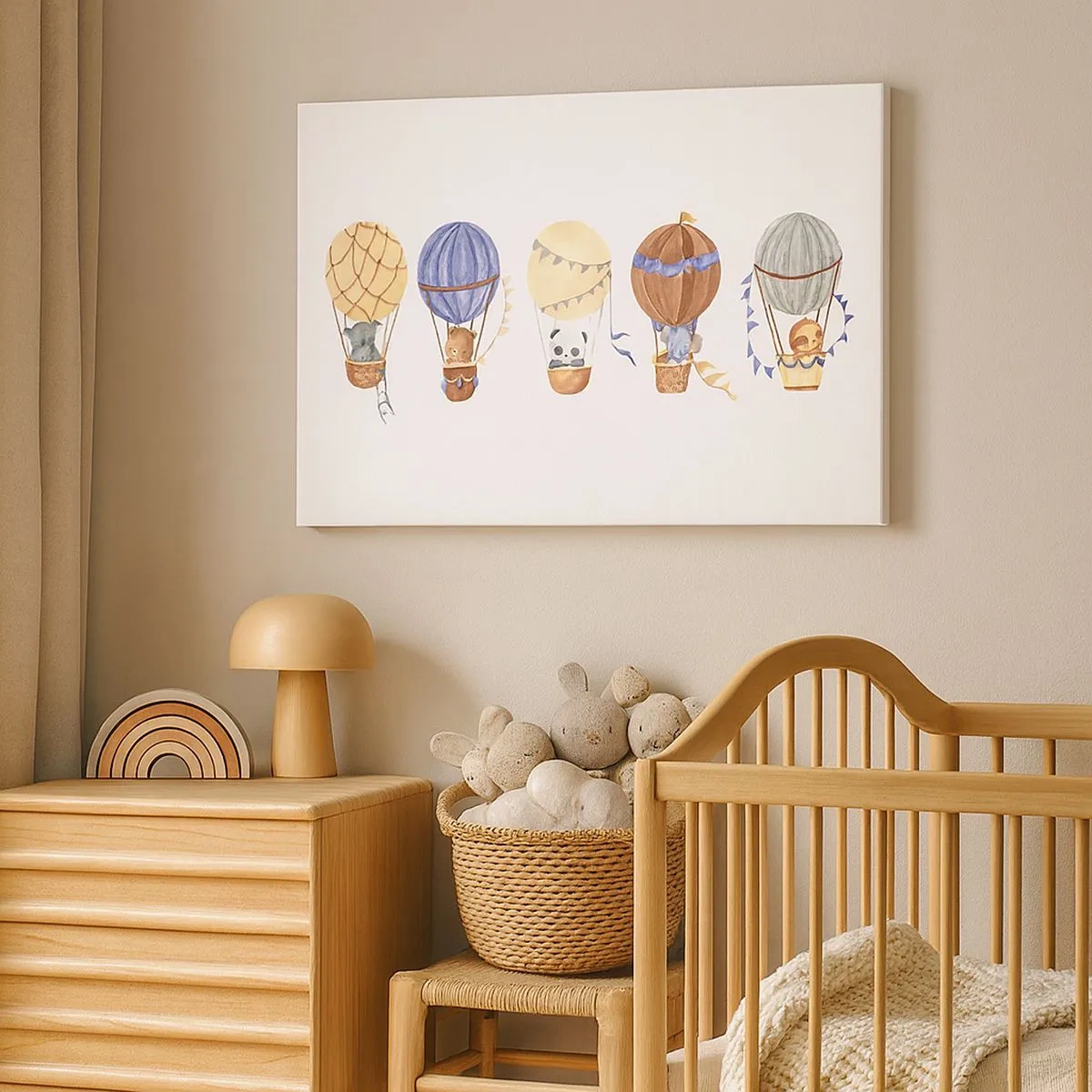 Impression sur toile - Image sur toile - Animaux mignons dans des ballons sur fond blanc - 70x50cm - Compagnons de voyage - Décoration murale moderne pour le salon et la chambre ARTTOR