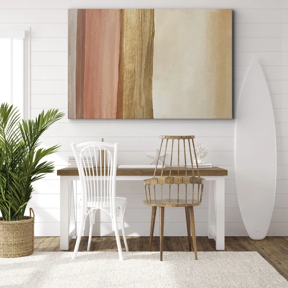Impression sur toile - Image sur toile - Rayures abstraites dans les tons beige, or et rose sur toile - 70x50cm - Composition verticale - Décoration murale moderne pour le salon et la chambre ARTTOR