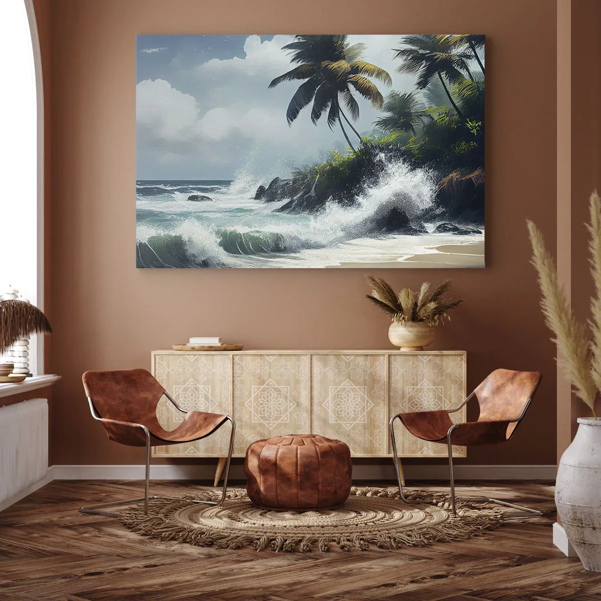 Impression sur toile - Image sur toile - Rivage tropical avec palmiers et mer agitée - 70x50cm - Sur une côte tropicale - Décoration murale moderne pour le salon et la chambre ARTTOR