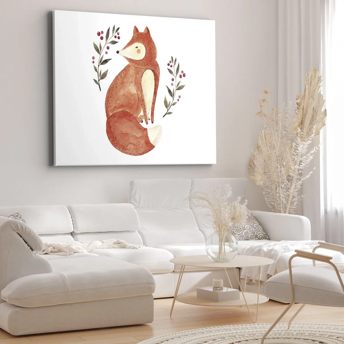 Impression sur toile - Image sur toile - Un renard aquarelle entouré de brindilles avec des baies - 70x50cm - Petit rouquin - Décoration murale moderne pour le salon et la chambre ARTTOR