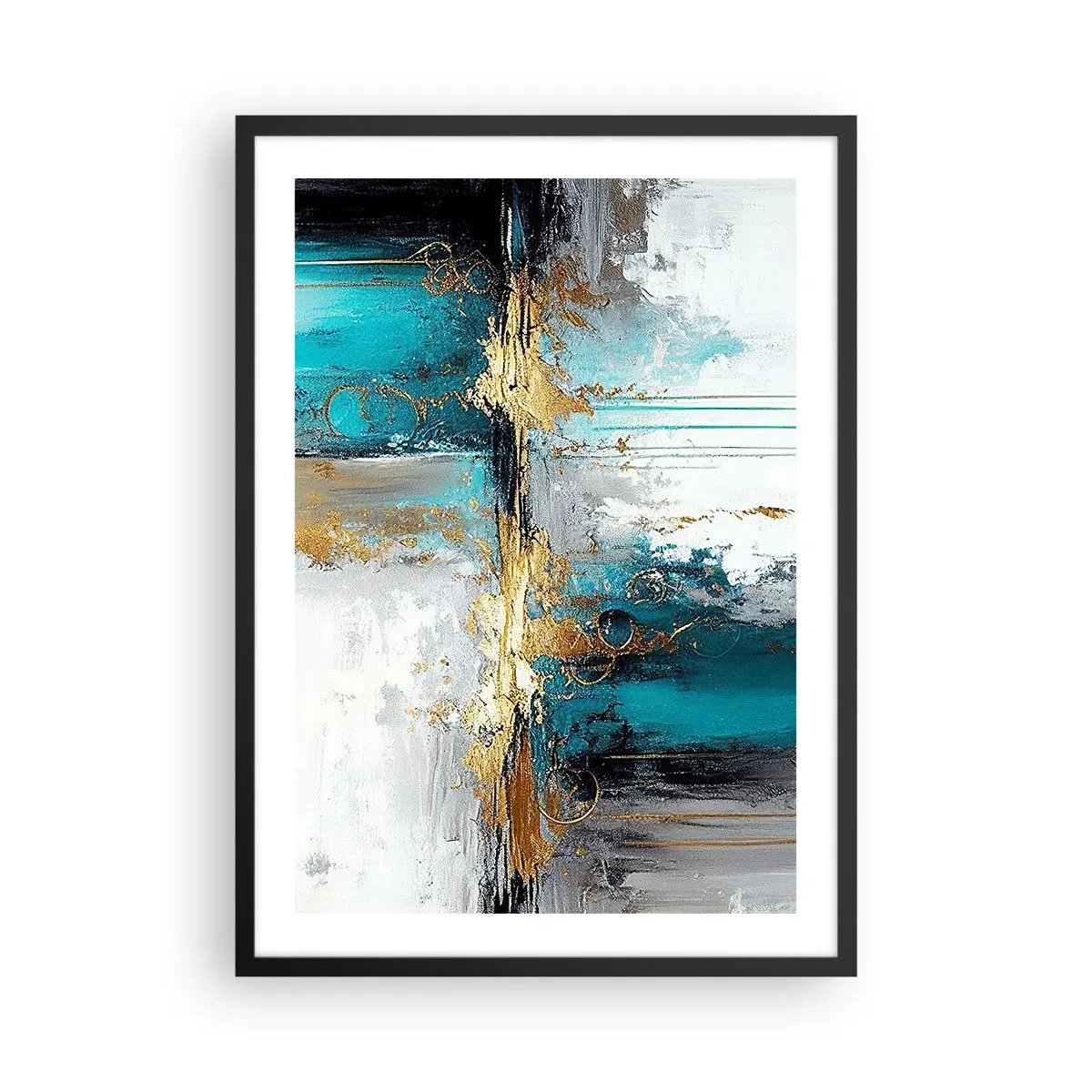Affiche dans un cadre noir - Poster - Une composition abstraite dans des tons turquoise et or. - 50x70cm - Tout coule - Décoration murale moderne pour le salon et la chambre ARTTOR