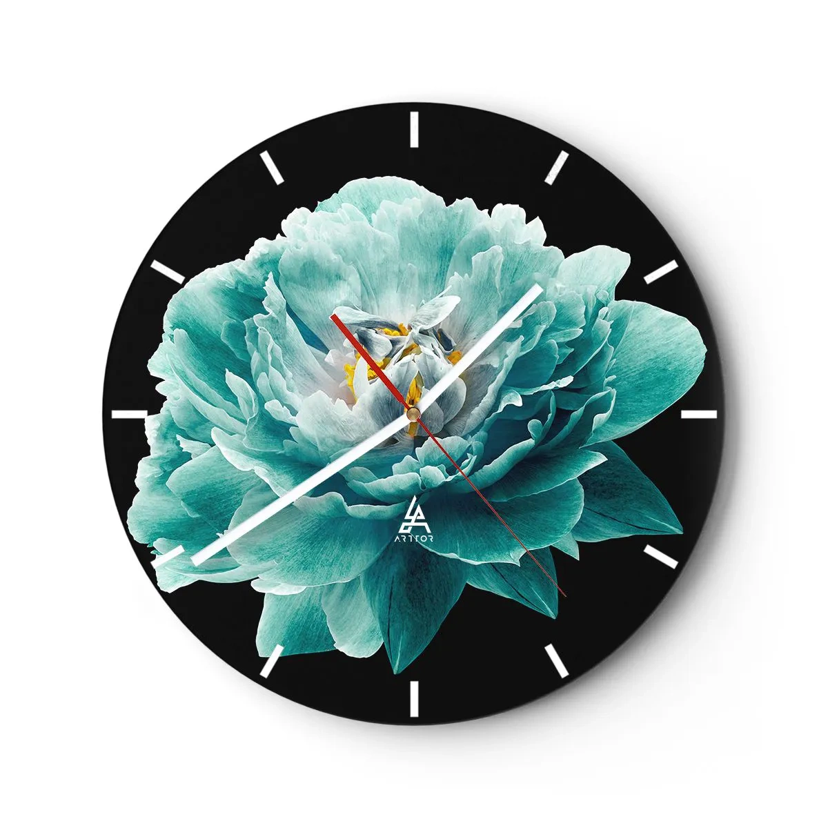 Horloge murale - Pendule murale - Fleur de pivoine turquoise sur fond noir - 30x30cm - Pétales bleus et dorés - Décoration murale moderne pour le salon, la cuisine et la chambre ARTTOR