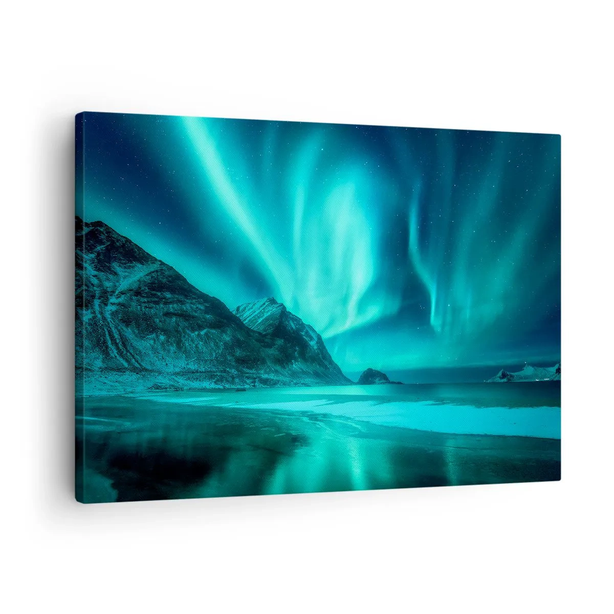 Impression sur toile - Image sur toile - Aurore boréale sur un paysage hivernal montagneux - 70x50cm - Merveilles du Nord - Décoration murale moderne pour le salon et la chambre ARTTOR