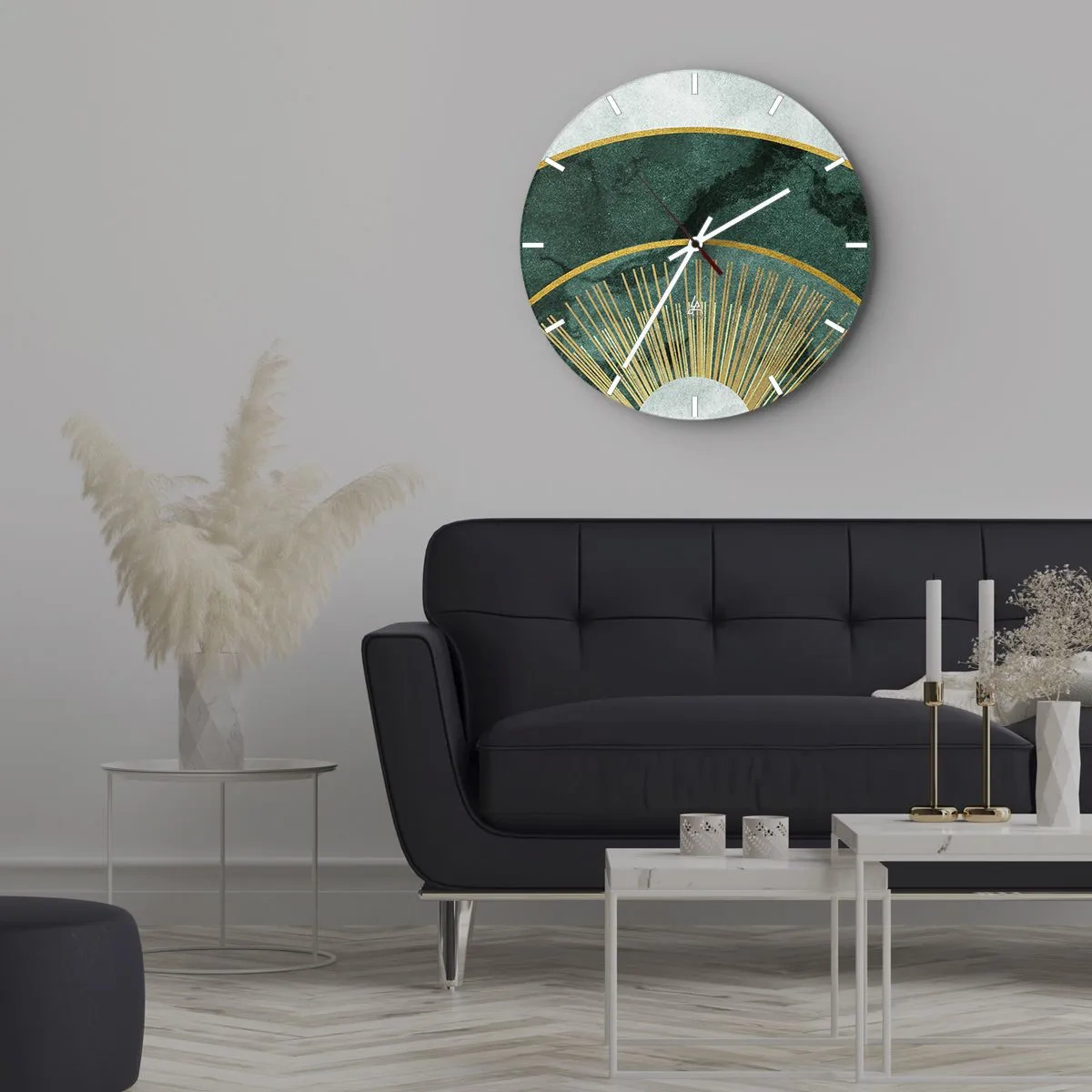 Horloge murale - Pendule murale - Graphiques verts et dorés avec des rayons rappelant un lever de soleil - 30x30cm - Un autre système solaire - Décoration murale moderne pour le salon, la cuisine et la chambre ARTTOR