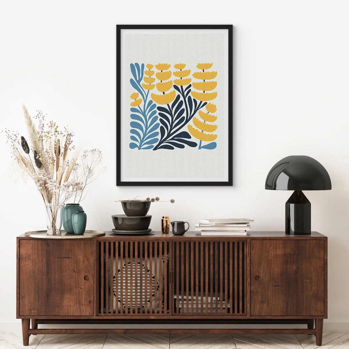 Affiche dans un cadre noir - Poster - Fleurs stylisées jaunes et bleu marine dans un style minimaliste - 50x70cm - Parterre de fleurs ensoleillé - Décoration murale moderne pour le salon et la chambre ARTTOR