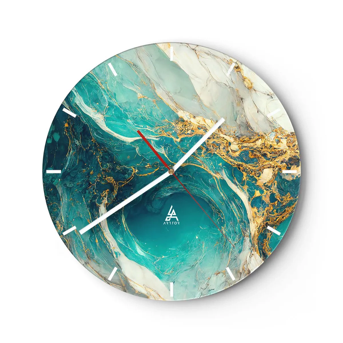 Horloge murale - Pendule murale - Abstrait turquoise avec motif doré tourbillonnant - 30x30cm - Composition en veines d'or - Décoration murale moderne pour le salon, la cuisine et la chambre ARTTOR