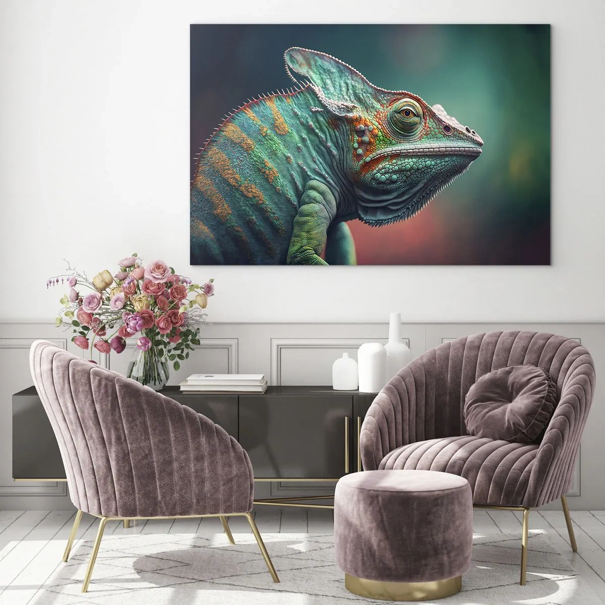 Impression sur verre - Image sur verre - Un caméléon coloré sur un fond flou dans une lumière intense. - 70x50cm - Vous me voyez? Pas bien… - Décoration murale moderne pour le salon et la chambre ARTTOR