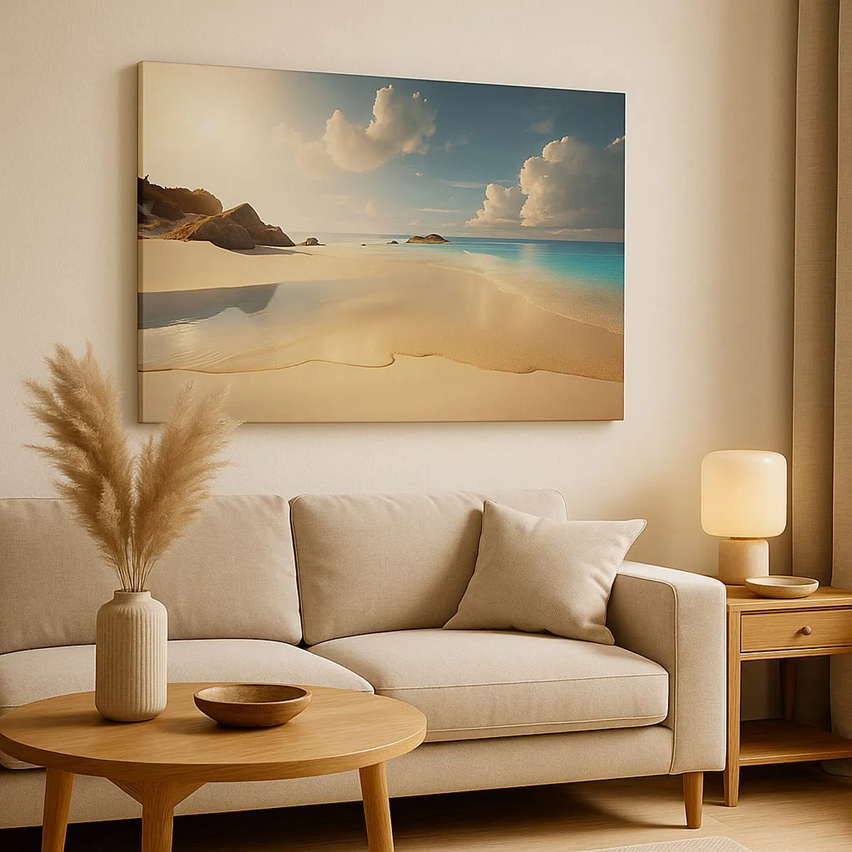 Impression sur toile - Image sur toile - Une plage ensoleillée avec une mer bleue et des rochers - 70x50cm - Une journée de rêve - Décoration murale moderne pour le salon et la chambre ARTTOR