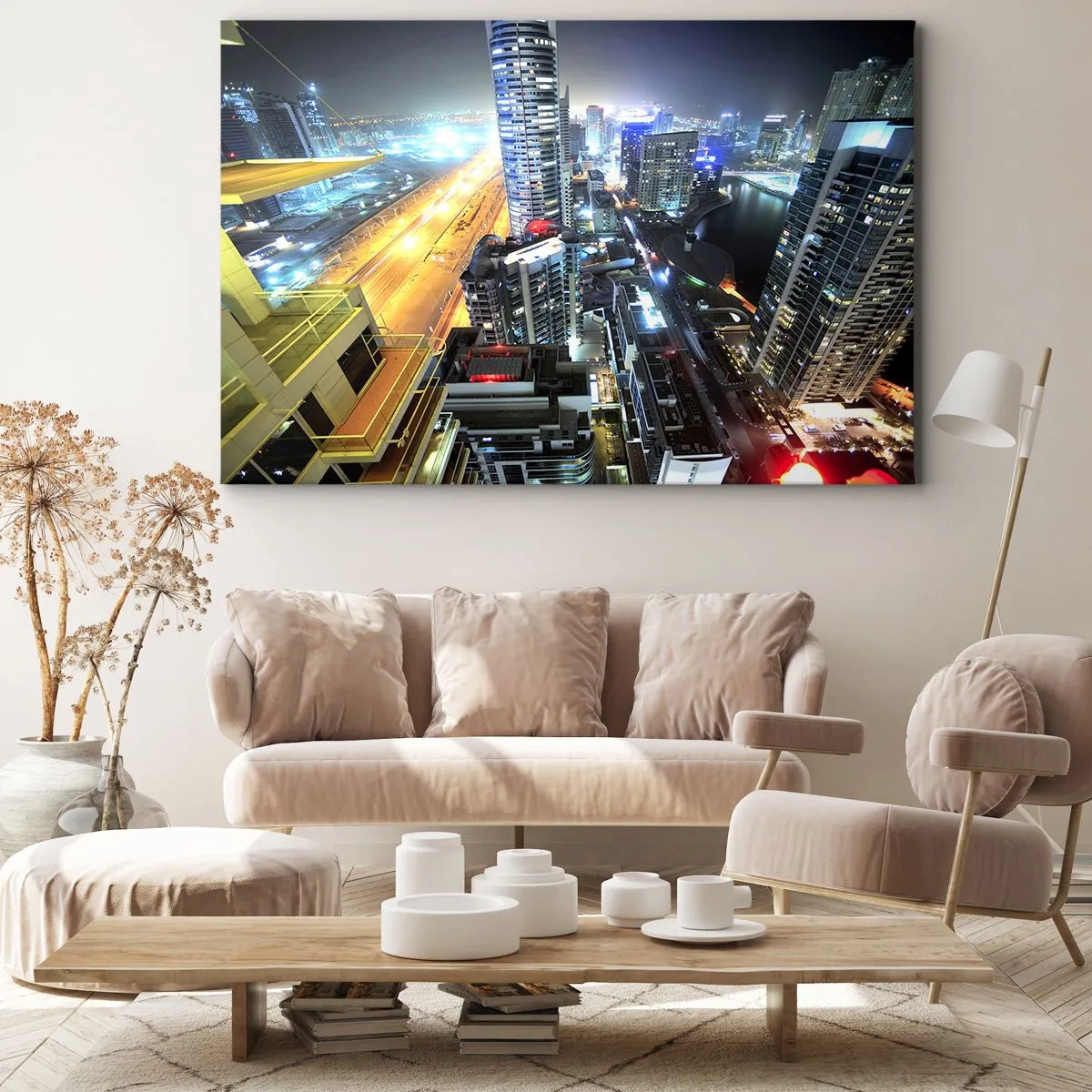 Impression sur toile - Image sur toile - Panorama de la ville nocturne avec des gratte-ciel illuminés - 70x50cm - Un miracle dans le désert - Décoration murale moderne pour le salon et la chambre ARTTOR