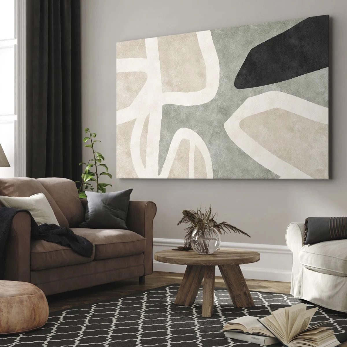 Impression sur toile - Image sur toile - Formes abstraites aux couleurs tamisées - 70x50cm - Composition pour motif noir - Décoration murale moderne pour le salon et la chambre ARTTOR
