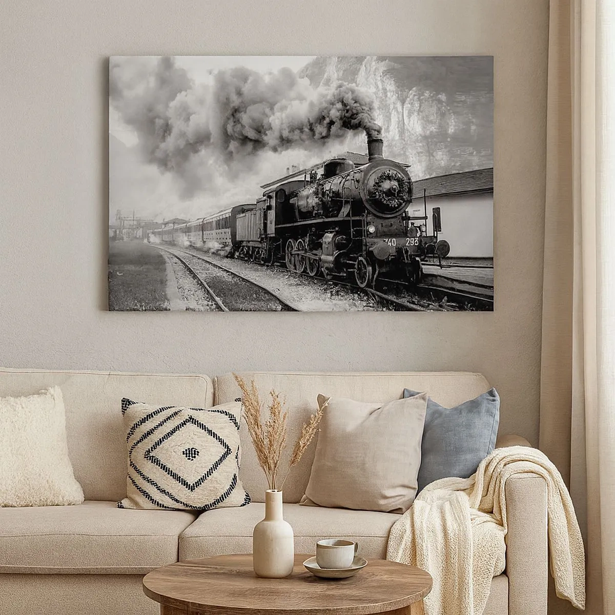 Impression sur toile - Image sur toile - Une locomotive à vapeur noire et blanche sur fond de paysage de montagne - 70x50cm - Attend à la gare... - Décoration murale moderne pour le salon et la chambre ARTTOR
