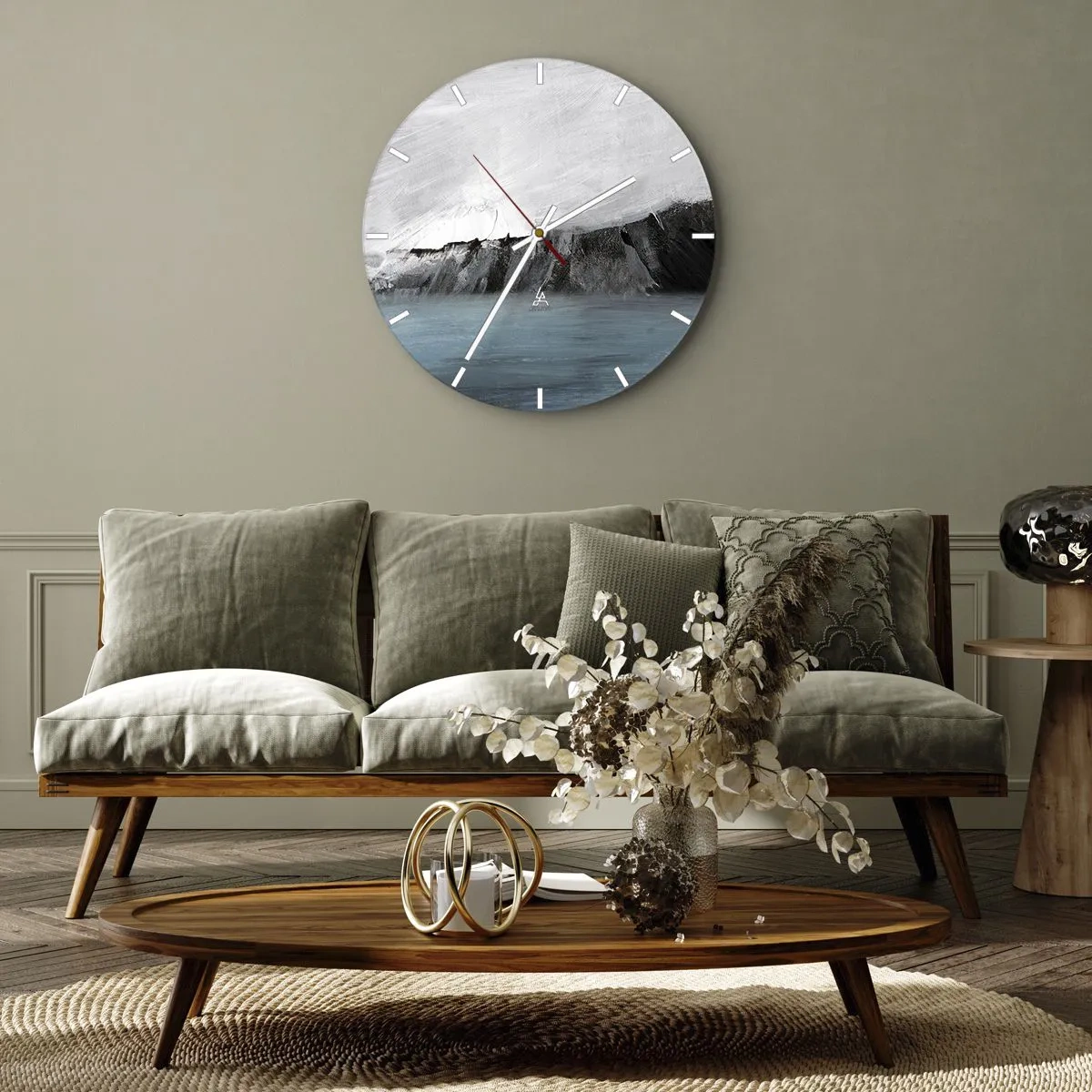 Horloge murale - Pendule murale - Un choc artistique de blanc, de noir et de bleu sous la forme d'un paysage. - 30x30cm - Eau – terre : choc des éléments - Décoration murale moderne pour le salon, la cuisine et la chambre ARTTOR