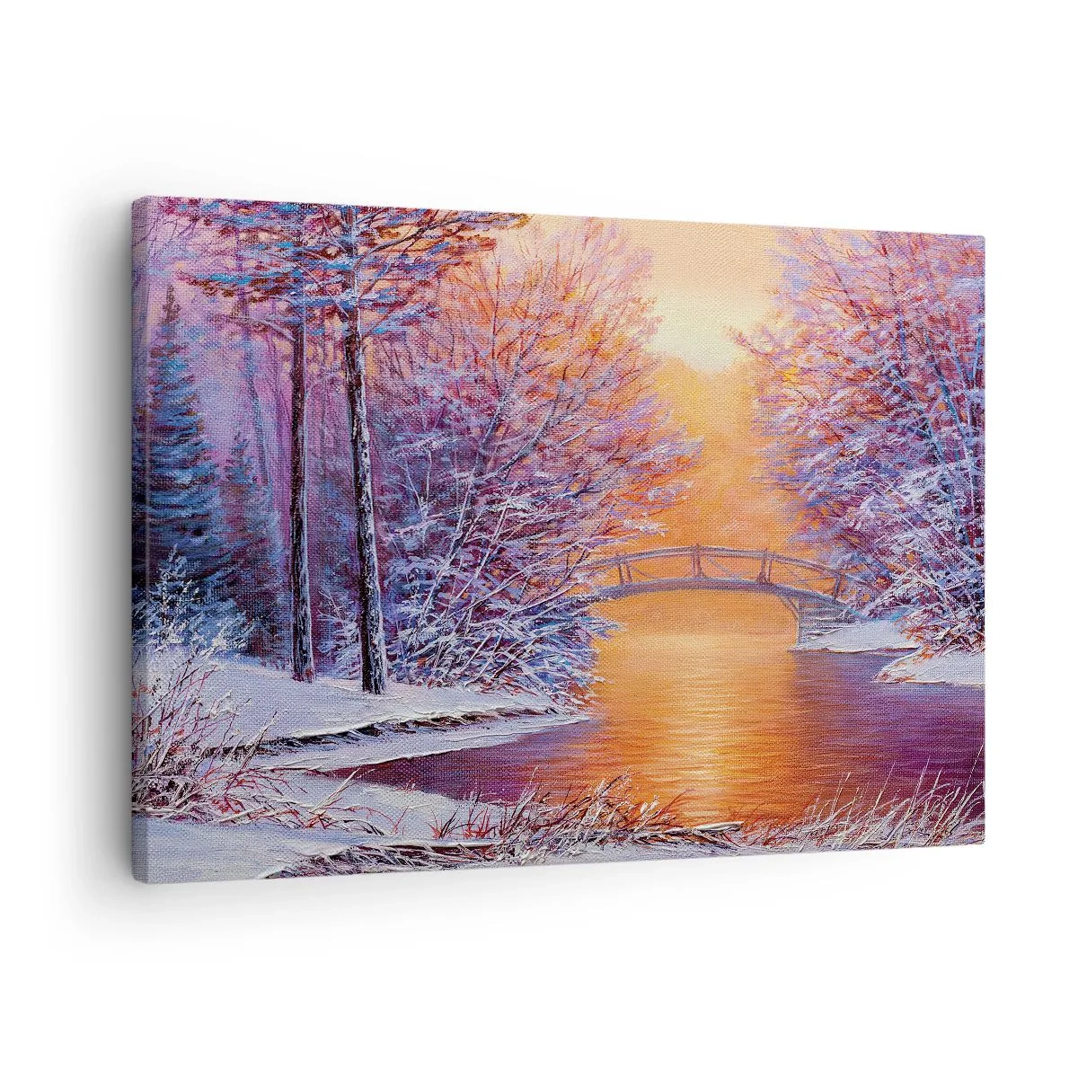 Impression sur toile - Image sur toile - Paysage d'hiver avec un pont et un coucher de soleil - 70x50cm - On se rencontre ici - Décoration murale moderne pour le salon et la chambre ARTTOR