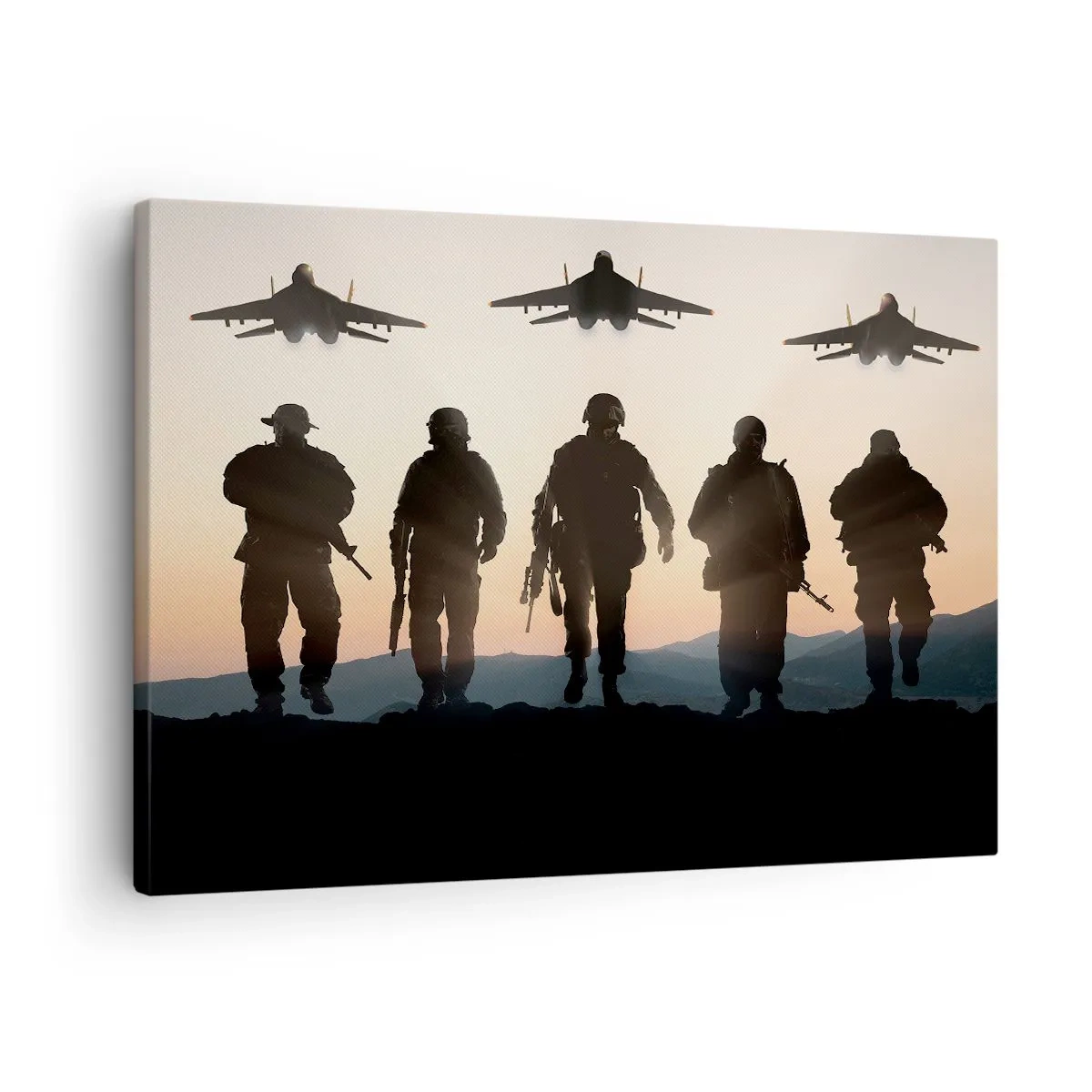 Impression sur toile - Image sur toile - Silhouettes de soldats et d'avions de chasse sur fond de coucher de soleil - 70x50cm - Bienvenue dans notre monde - Décoration murale moderne pour le salon et la chambre ARTTOR