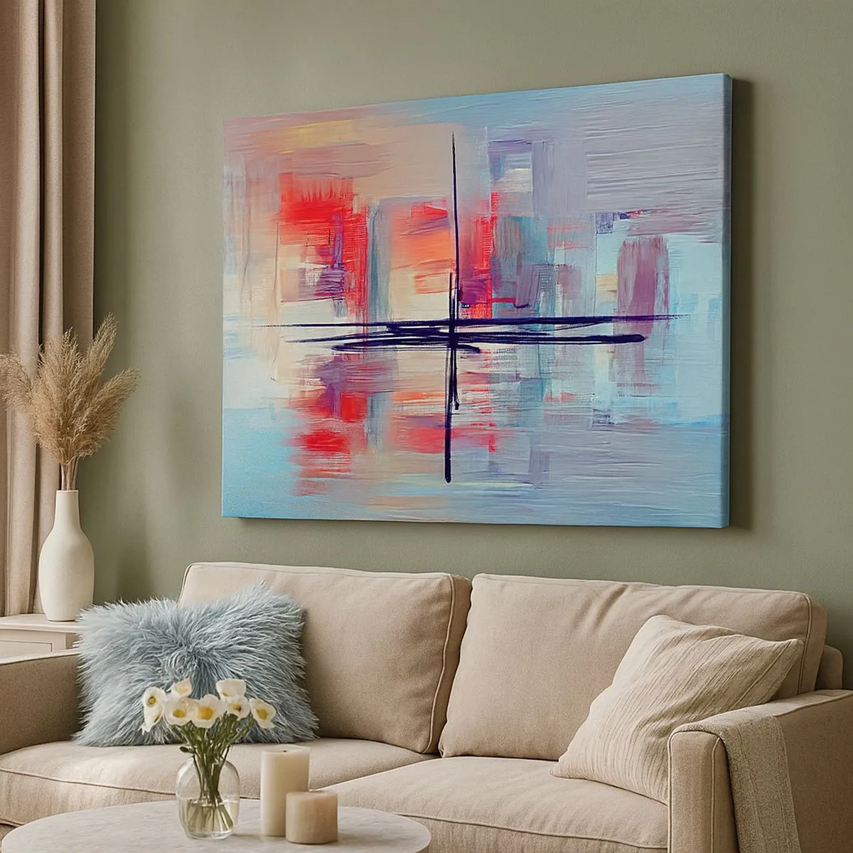 Impression sur toile - Image sur toile - Une composition abstraite aux couleurs intenses, aux lignes et aux formes géométriques. - 70x50cm - Un paysage dans une dimension inconnue - Décoration murale moderne pour le salon et la chambre ARTTOR