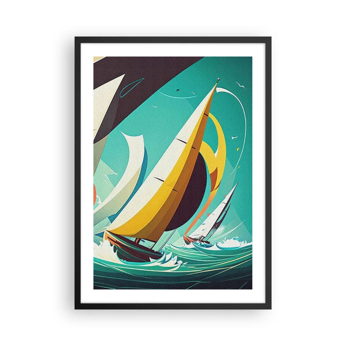 Affiche dans un cadre noir - Poster - Régate de voile abstraite sur une mer agitée - 50x70cm - Bonne chance avec les éléments - Décoration murale moderne pour le salon et la chambre ARTTOR
