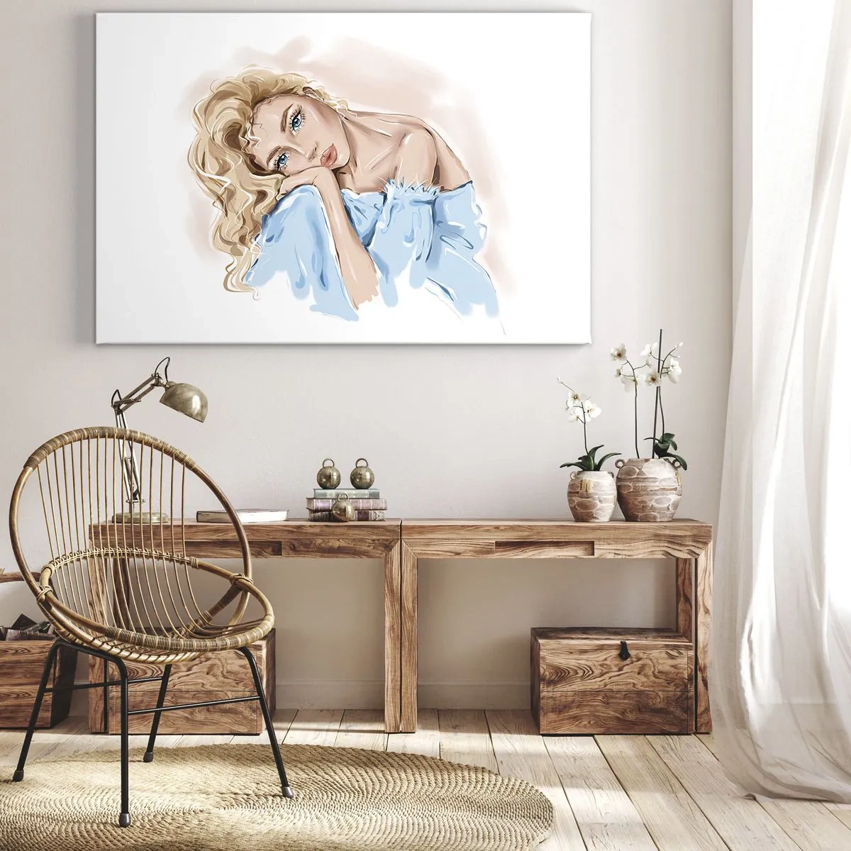 Impression sur toile - Image sur toile - Portrait d'une femme en robe bleue aux cheveux blonds - 70x50cm - Rêveuse en bleu - Décoration murale moderne pour le salon et la chambre ARTTOR