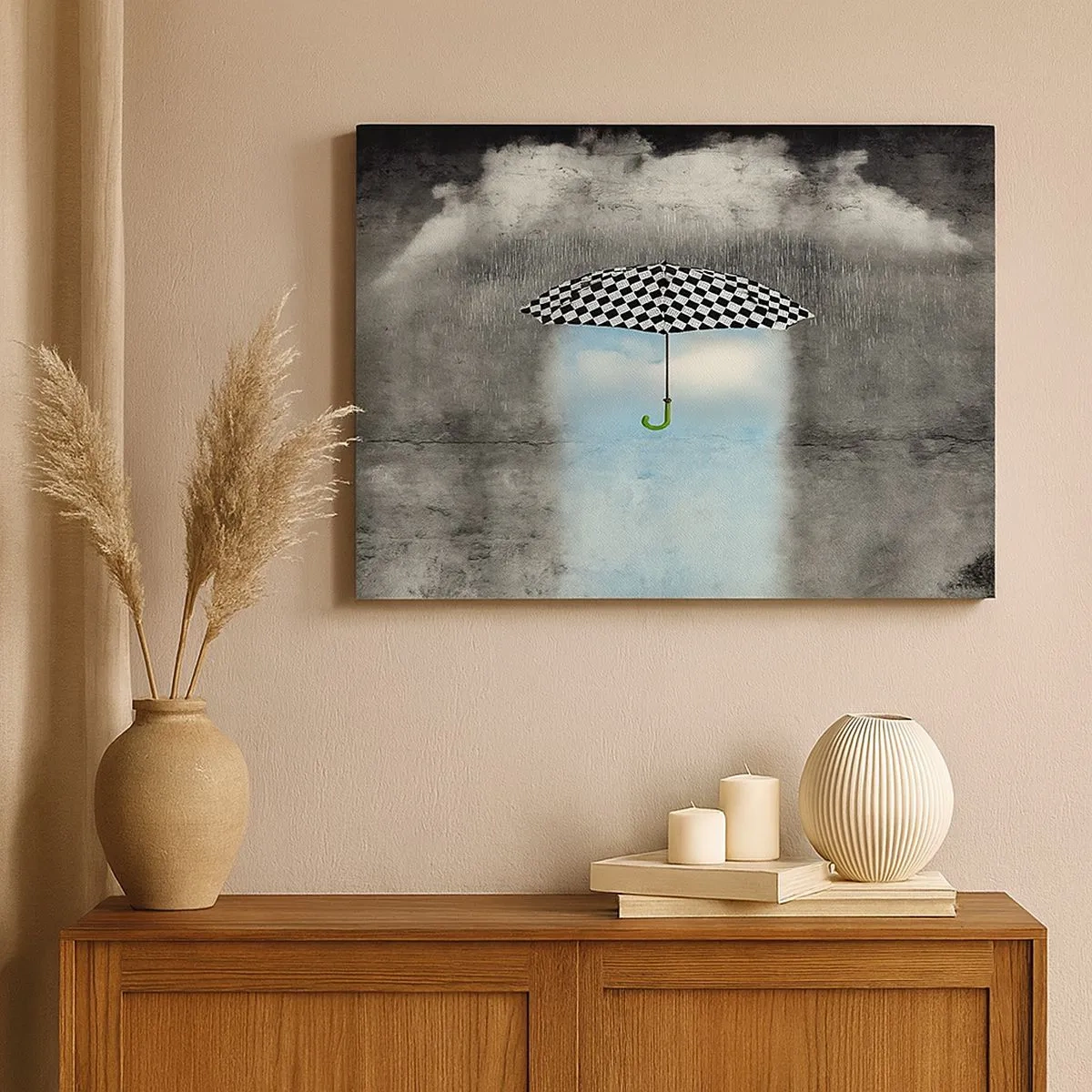Impression sur toile - Image sur toile - Un parapluie à carreaux sur un paysage pluvieux - 70x50cm - Et pourtant c'est possible - Décoration murale moderne pour le salon et la chambre ARTTOR