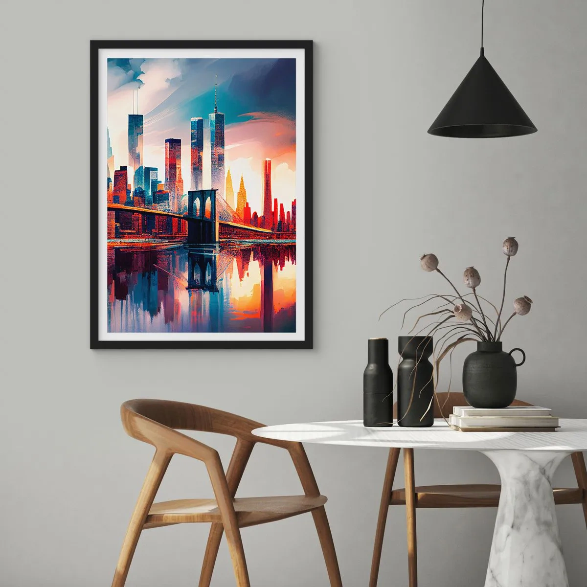 Affiche dans un cadre noir - Poster - Panorama de la ville avec un pont et un reflet dans l'eau - 50x70cm - New York onirique - Décoration murale moderne pour le salon et la chambre ARTTOR