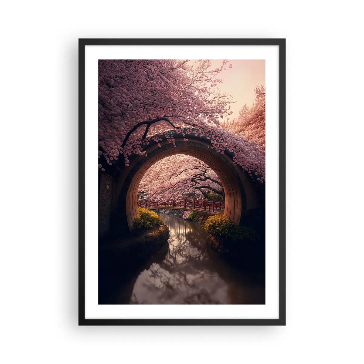Affiche dans un cadre noir - Poster - Un pont romantique parmi les cerisiers en fleurs - 50x70cm - Printemps japonais - Décoration murale moderne pour le salon et la chambre ARTTOR