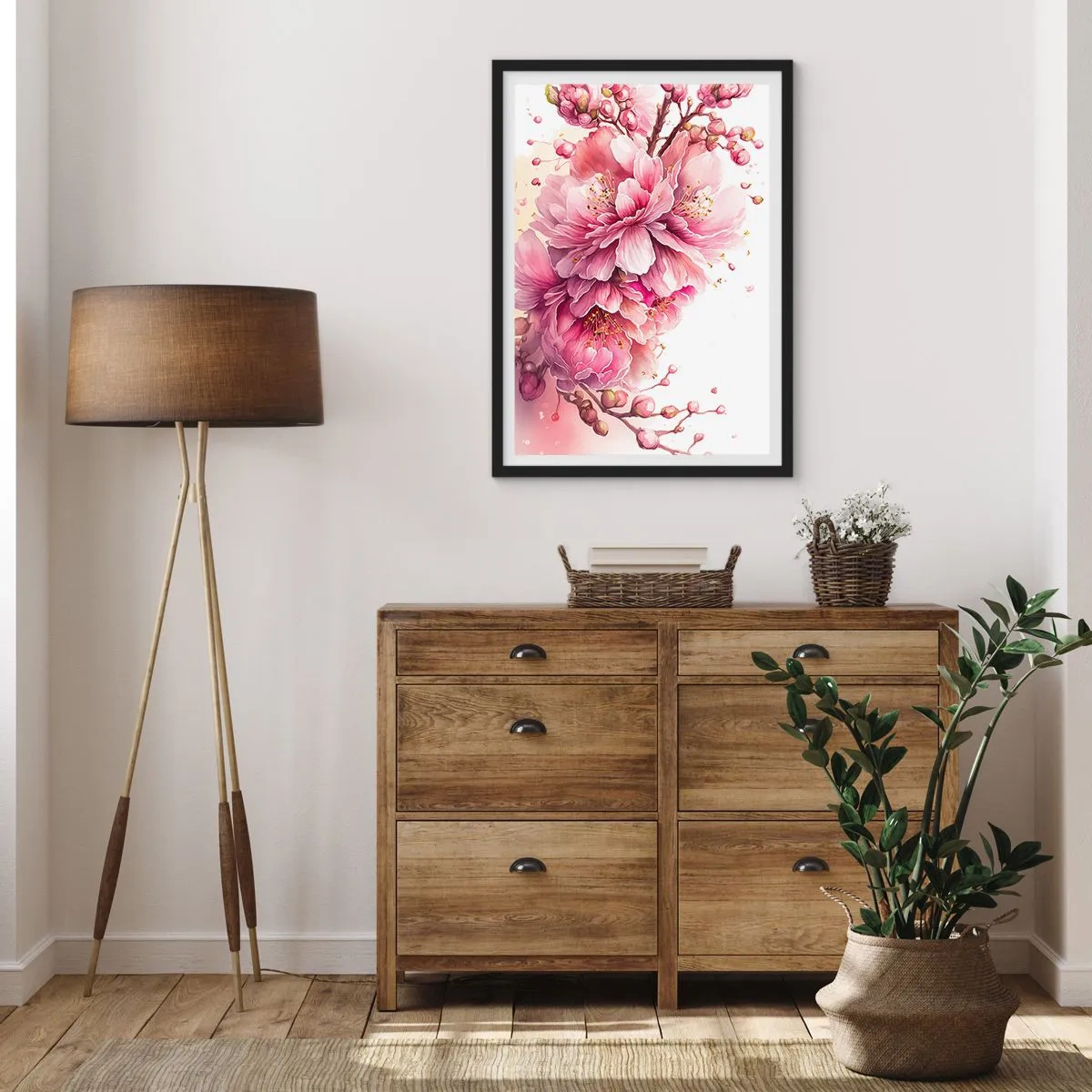 Affiche dans un cadre noir - Poster - Délicates fleurs de cerisier roses en pleine floraison sur un fond clair - 50x70cm - Fleur florissante de cerisier - Décoration murale moderne pour le salon et la chambre ARTTOR
