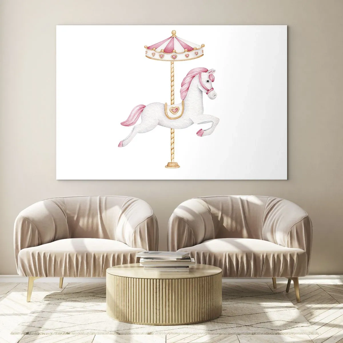 Impression sur verre - Image sur verre - Cheval de carrousel rose et blanc sur fond blanc - 70x50cm - Les sabots en avant - Décoration murale moderne pour le salon et la chambre ARTTOR