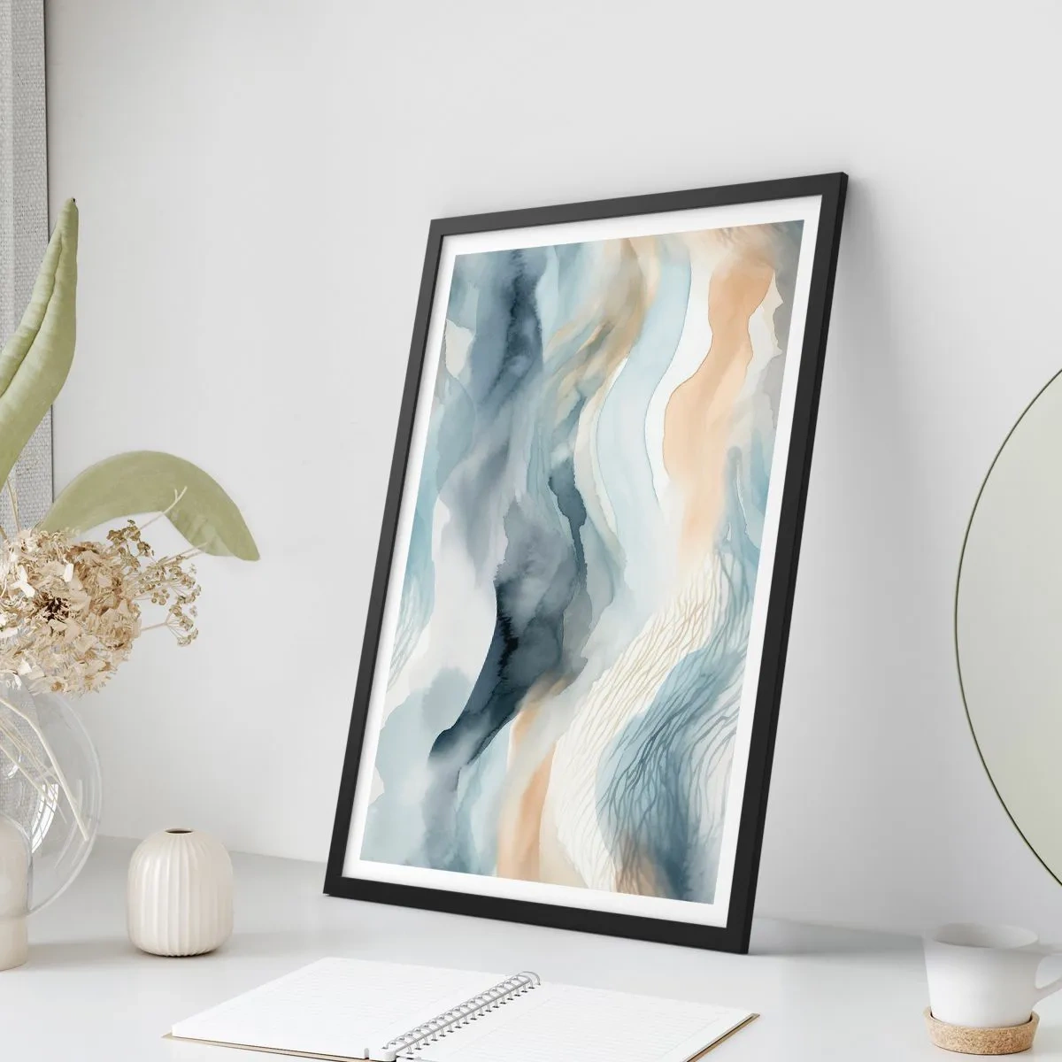 Affiche dans un cadre noir - Poster - Vagues abstraites dans les tons beige et bleu marine - 50x70cm - Abstraction enneigée et brumeuse - Décoration murale moderne pour le salon et la chambre ARTTOR