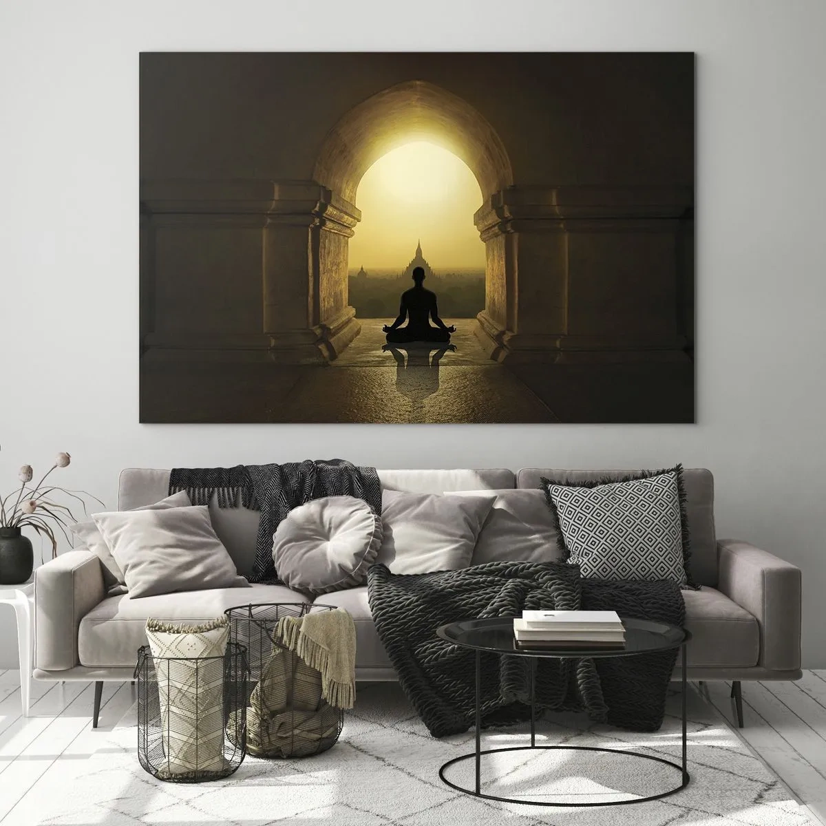 Impression sur verre - Image sur verre - Silhouette d'une personne méditant à la lumière du soleil couchant dans une arche architecturale - 70x50cm - Pleine harmonie - Décoration murale moderne pour le salon et la chambre ARTTOR
